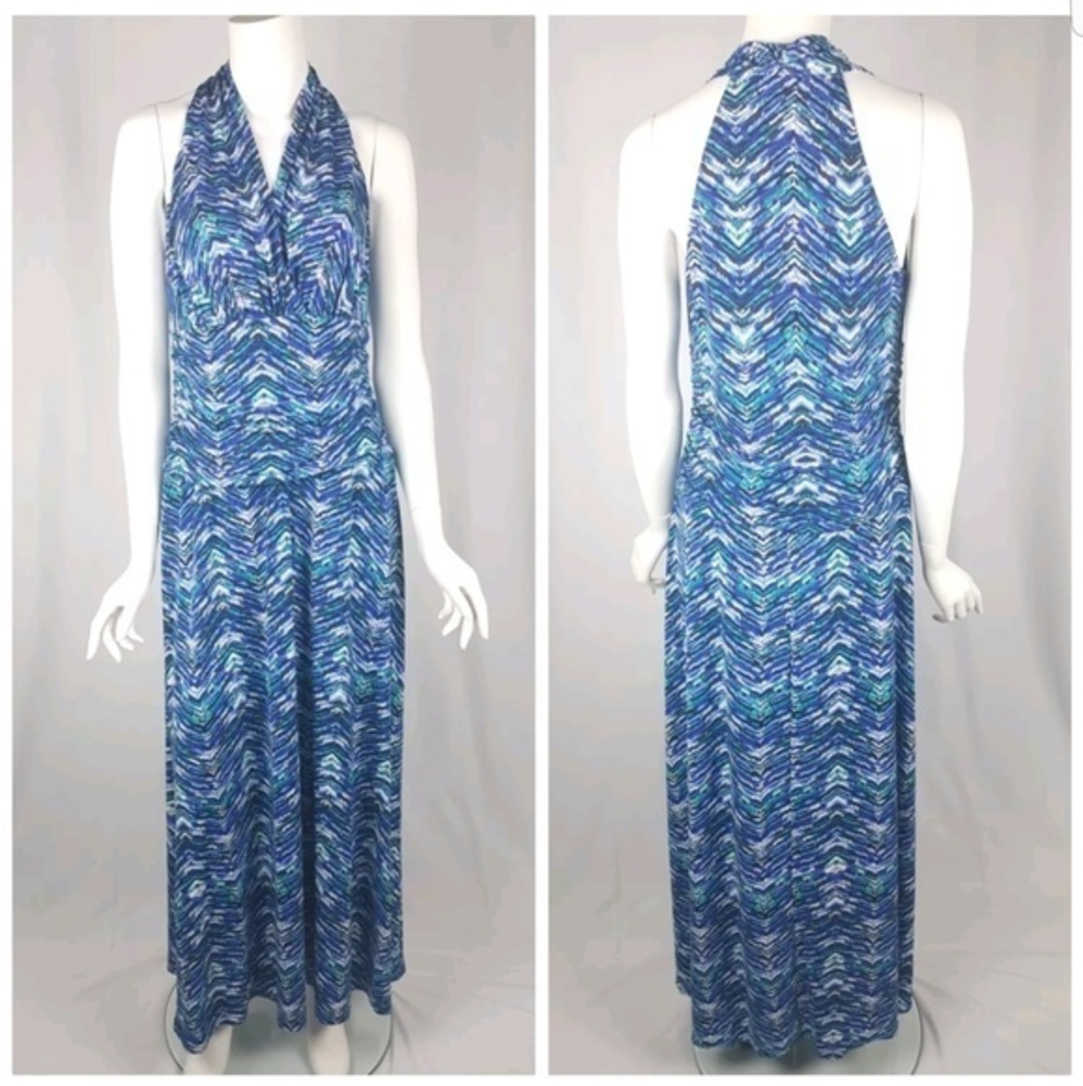 Nine West Halter Blue Chevron Maxi Dress Size 10
